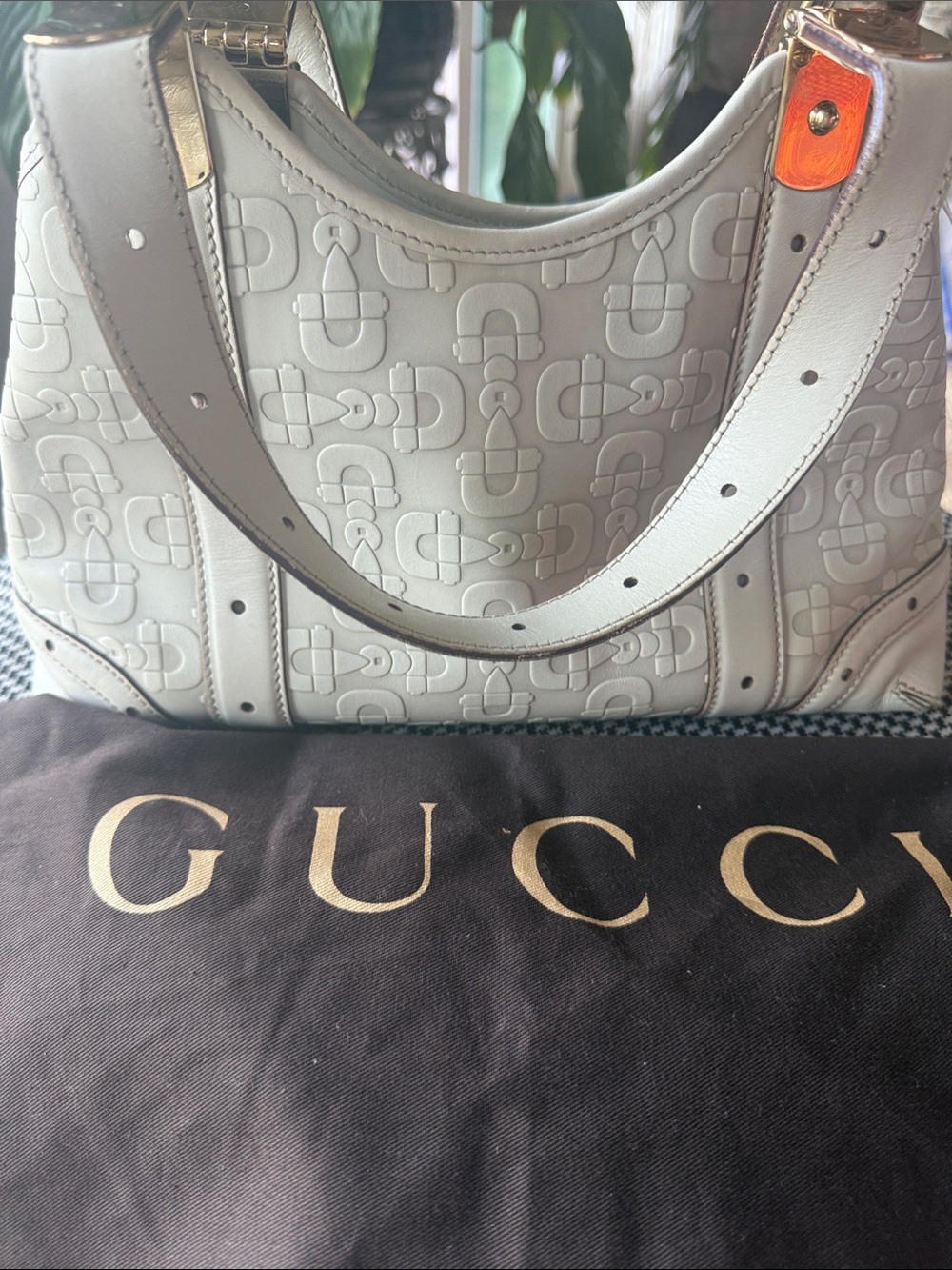Gucci Cream Embossed Leather Shoulder Bag with Orange Accent
